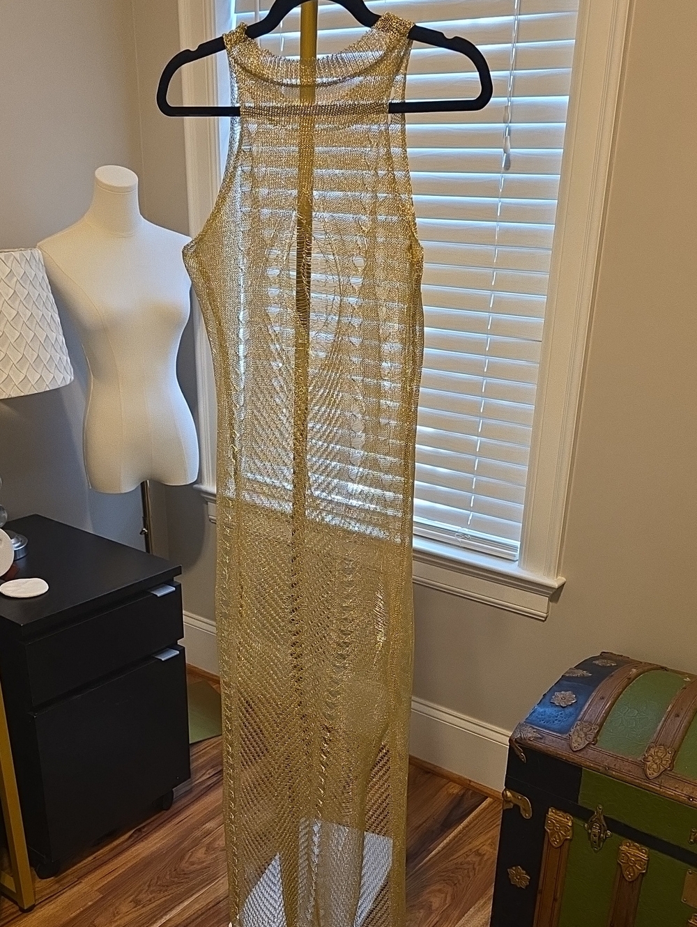 Sheer Gold Mesh Maxi Coverup Dress With Side Slits